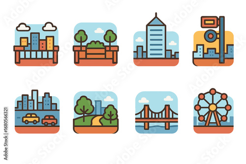 Urban Deck Miniatures. Flat vector mini-illustrations urban observation decks in colors children's illustrations: city buildings,
