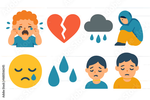 Tragic Emotions Icons. Flat vector mini-illustrations tragedy emotions in colors children's illustrations: crying child, broken