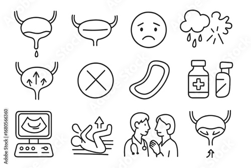 Urinary Incontinence Icons. Hand-drawn doodle illustration urinary incontinence leaking urine icon, open sphincter symbol, weak