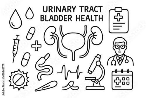 Urinary Health Doodle. Hand-drawn doodle illustration urinary tract bladder health bladder, kidneys, ureters, urine drop, syringe,