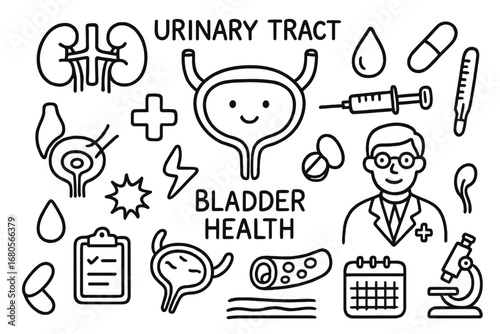 Urinary Health Doodle. Hand-drawn doodle illustration urinary tract bladder health bladder, kidneys, ureters, urine drop, syringe,