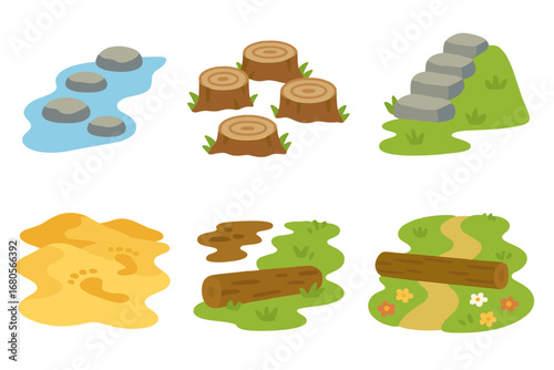 Nature Pathways Icons. Flat vector mini-illustrations step in nature in colors children's illustrations: stepping stones in river,