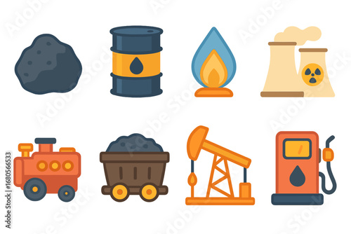 Nonrenewable Energy Icons. Flat vector mini-illustrations nonrenewable energy in colors children's illustrations: coal lump, oil