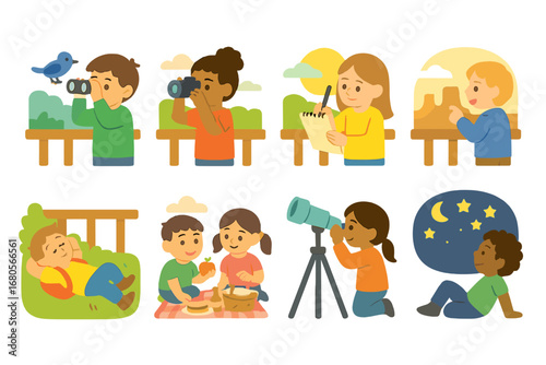 Observation Deck Icons. Flat vector mini-illustrations observation deck activities in colors children's illustrations: