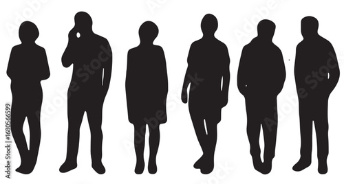Vector Silhouettes of People, Standing and Walking Figures, Isolated on White Background