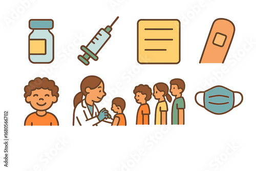 Pandemic Vaccination Icons. Flat vector mini-illustrations pandemic vaccination in colors children's illustrations: vaccine vial,