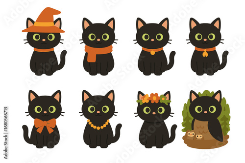 Whimsical Cat and Owl Collection. Flat vector mini-illustrations black cat accessories in colors children's illustrations: black