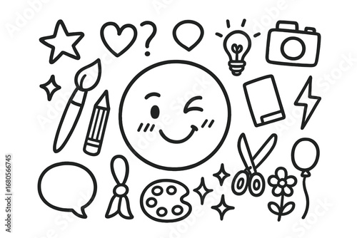 Winking Creativity Doodle. Hand-drawn doodle illustration winking emotions happy face, wink eye, blush marks, smile, tear drop,