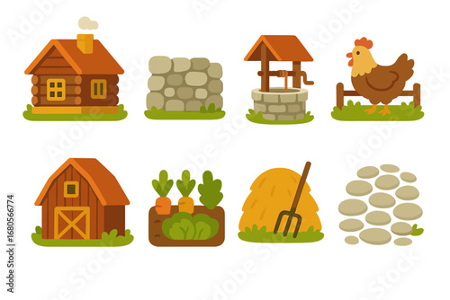 Peasant Village Icons. Flat vector mini-illustrations peasant village in colors children's illustrations: wooden cottage, stone