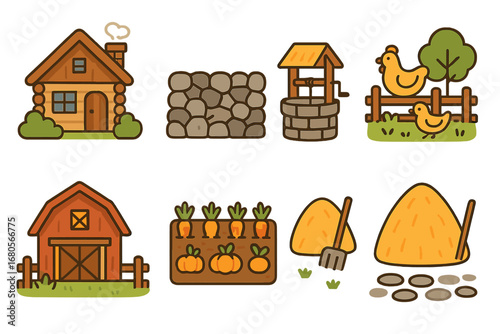 Peasant Village Icons. Flat vector mini-illustrations peasant village in colors children's illustrations: wooden cottage, stone