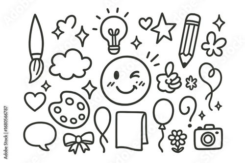 Winking Creativity Doodle. Hand-drawn doodle illustration winking emotions happy face, wink eye, blush marks, smile, tear drop,