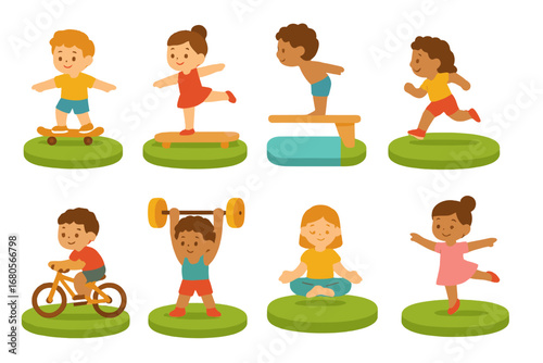 Platform Sports Icons. Flat vector mini-illustrations platform sports in colors children's illustrations: skateboarding platform,