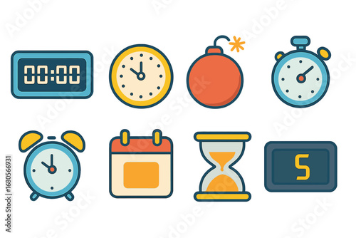 Playful Time Icons. Flat vector mini-illustrations countdown in colors children's illustrations: digital timer, clock, ticking
