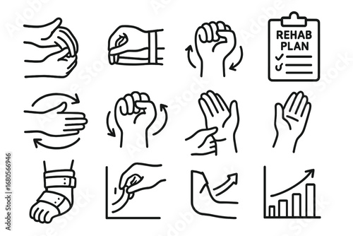 Wrist Rehab Icons. Hand-drawn doodle illustration wrist rehabilitation hand stretch, resistance band, physiotherapy icon, range of