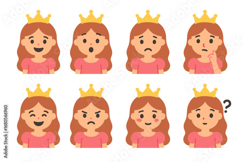 Princess Emotions Grid. Flat vector mini-illustrations princess emotions and expressions in colors children's illustrations: happy