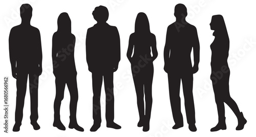 Vector Silhouettes of People, Standing and Walking Figures, Isolated on White Background