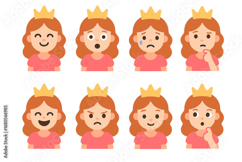 Princess Emotions Grid. Flat vector mini-illustrations princess emotions and expressions in colors children's illustrations: happy
