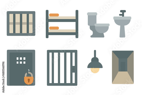 Prison Cell Icons. Flat vector mini-illustrations prison cells in colors children's illustrations: barred window, bunk bed, toilet