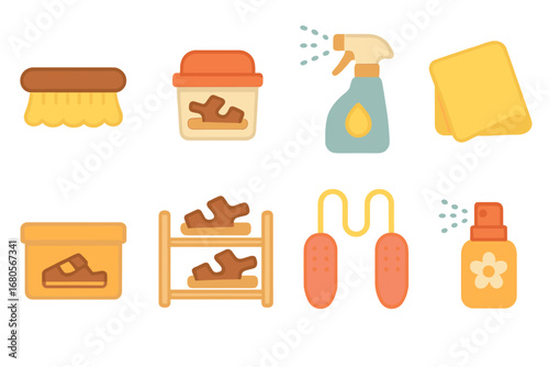Sandal Care Icons. Flat vector mini-illustrations sandal care in colors children's illustrations: cleaning brush, shoe polish,