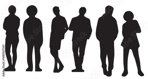 Vector Silhouettes of People, Standing and Walking Figures, Isolated on White Background