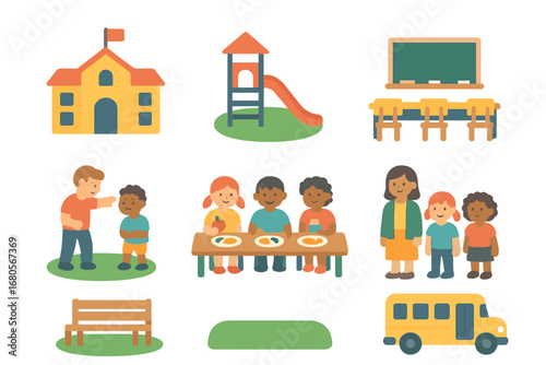 School Life Icons. Flat vector mini-illustrations bullying and school in colors children's illustrations: school building,