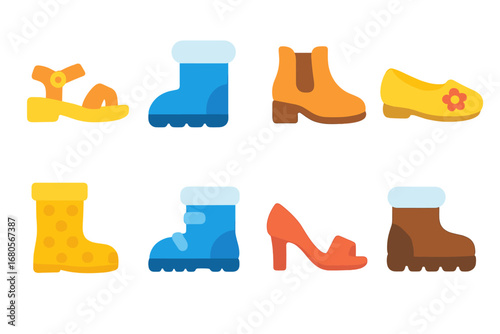 Seasonal Children's Footwear. Flat vector mini-illustrations seasonal heels in colors children's illustrations: summer sandal,
