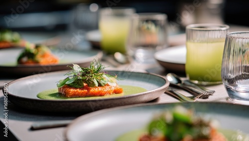 Wallpaper Mural Gourmet salmon dish on a plate, garnished with herbs and sauces, alongside other plates and drinks on a table Torontodigital.ca