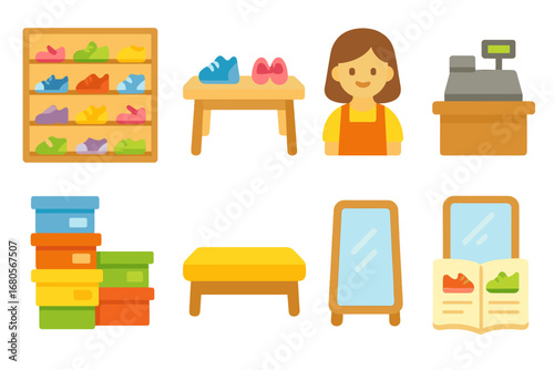 Shoe Store Illustrations. Flat vector mini-illustrations shoe store interior in colors children's illustrations: shoe wall,