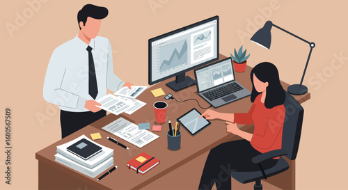 Two office workers discussing data at desk