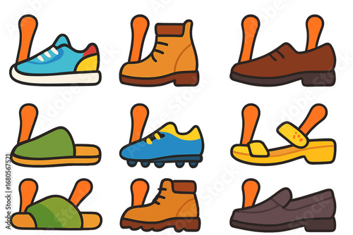 Shoehorn and Shoes Grid. Flat vector mini-illustrations shoehorn and shoes in colors children's illustrations: shoehorn with