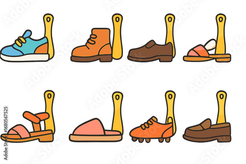 Shoehorn and Shoes Grid. Flat vector mini-illustrations shoehorn and shoes in colors children's illustrations: shoehorn with