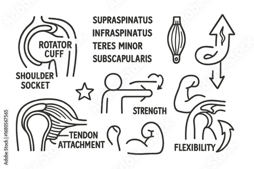 Shoulder Muscle Diagram. Hand-drawn doodle illustration rotator cuff rotator cuff, supraspinatus, infraspinatus, subscapularis,
