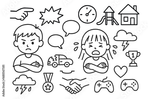 Sibling Rivalry Icons. Hand-drawn doodle illustration siblings rivalry teasing angry faces, teasing hand, crossed arms, broken toy