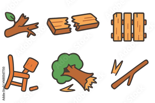 Splintered Wood Icons. Flat vector mini-illustrations splintered wood in colors children's illustrations: broken branch, shattered