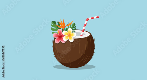 Coconut Drink with Straw and Fruit