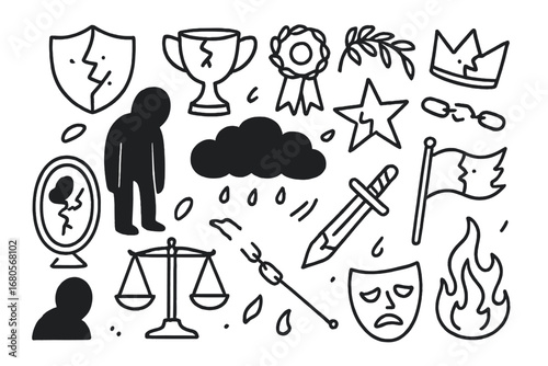 Symbols of Defeat. Hand-drawn doodle illustration disgrace cracked shield, broken trophy, torn ribbon, wilted laurel, fallen crown