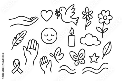 Symbols of Gentle Compassion. Hand-drawn doodle illustration quiet compassion hand reaching out, heart, dove, flower, feather,