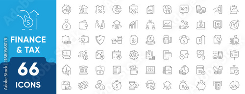 Accounting and Taxes Line Icon Set. Set of 66 outline icons including invoices, tax forms, calculators, bookkeeping, finance reports, deductions, and payments. Editable stroke. Linear illustration.