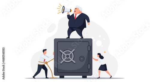 Boss Sitting on Safe While Employees Push