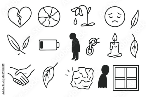 Symbols of Fragility. Hand-drawn doodle illustration vulnerability broken heart, cracked glass, wilting flower, falling feather,