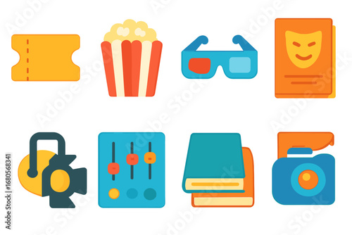 Theater Accessories Icons. Flat vector mini-illustrations theater accessories in colors children's illustrations: ticket stub,
