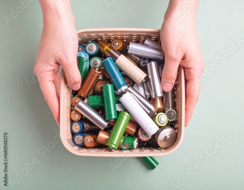 Person holding a basket full of used batteries for recycling, promoting environmental responsibility.