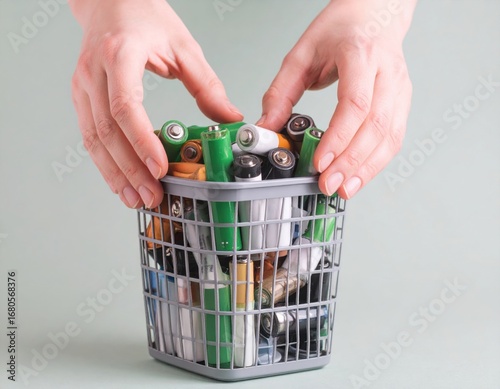 Close-up of hands holding a full basket of various used batteries, ready for recycling.