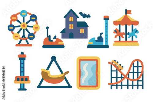 Thrill Ride Icons. Flat vector mini-illustrations thrill rides in colors children's illustrations: ferris wheel, bumper cars,
