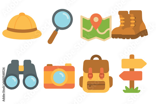 Trail Exploration Icons. Flat vector mini-illustrations trail exploration in colors children's illustrations: explorer hat,