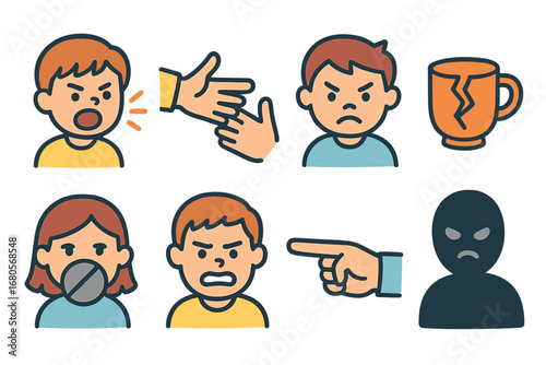 Types of Abuse Icons. Flat vector mini-illustrations abuse types in colors children's illustrations: verbal yelling, pushing hands