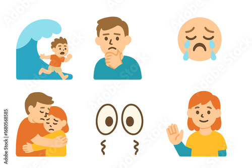 Tsunami Emotions Icon Grid. Flat vector mini-illustrations tsunami emotions in colors children's illustrations: scared child,