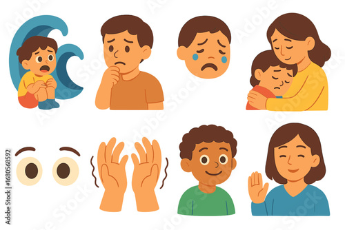 Tsunami Emotions Icon Grid. Flat vector mini-illustrations tsunami emotions in colors children's illustrations: scared child,