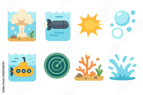 Underwater Explosion Icons. Flat vector mini-illustrations underwater detonation in colors children's illustrations: underwater