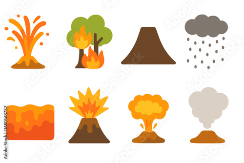 Volcano Icons Grid. Flat vector mini-illustrations volcanic eruption in colors children's illustrations: lava fountain, burning